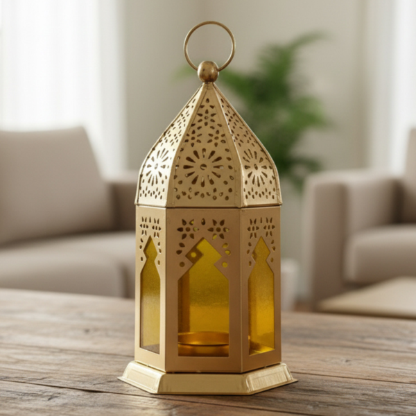 Moroccan Metal Decorative Lantern – Gold Tea Light Holder with Colored Glass Yellow Small Moroccan Metal Decorative Lantern – Gold Tea Light Holder with Colored Glass | Hanging & Table Decor