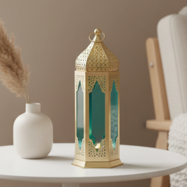 Moroccan Metal Lantern – Gold Tea Light Holder with Colored Glass Hanging & Table Decor Blue Moroccon Lanter Moroccan Metal Decorative Lantern – Gold Tea Light Holder with Colored Glass | Hanging & Table Decor