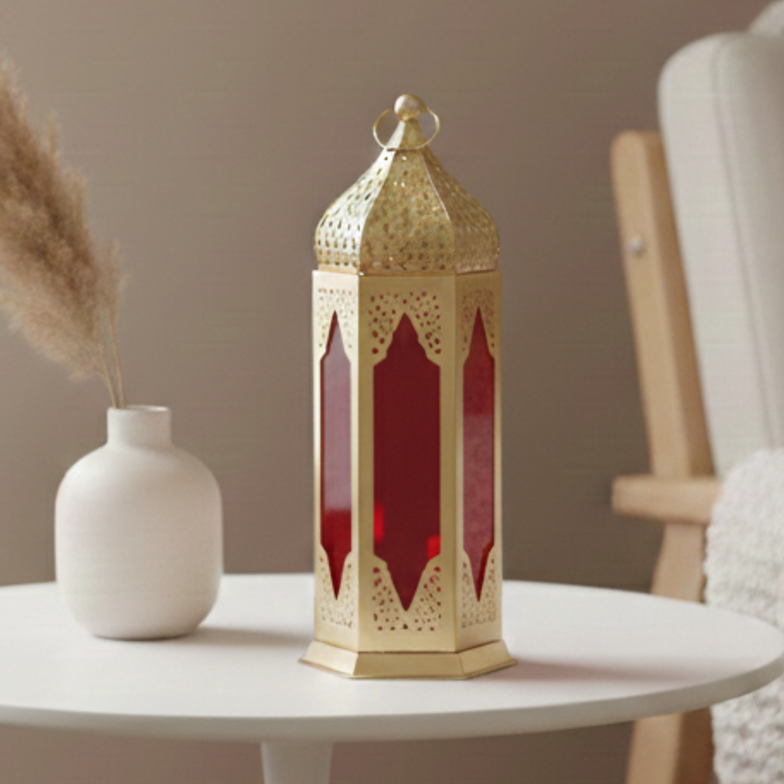 Moroccan Metal Decorative Lantern – Gold Tea Light Holder with Colored Glass | Hanging & Table Decor