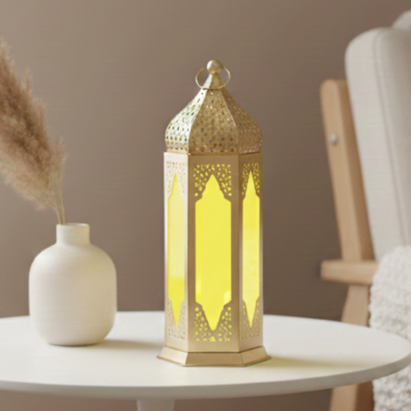Moroccan Metal Lantern – Gold Tea Light Holder with Colored Glass Hanging & Table Decor Moroccon Lanter Yellow Moroccon Lanter Moroccan Metal Decorative Lantern – Gold Tea Light Holder with Colored Glass | Hanging & Table Decor