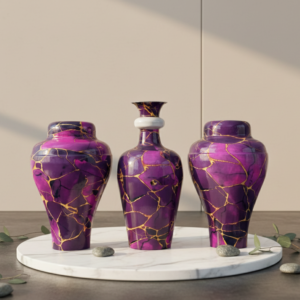 Purple Marble Finish Metal Decorative Vase Set of 3