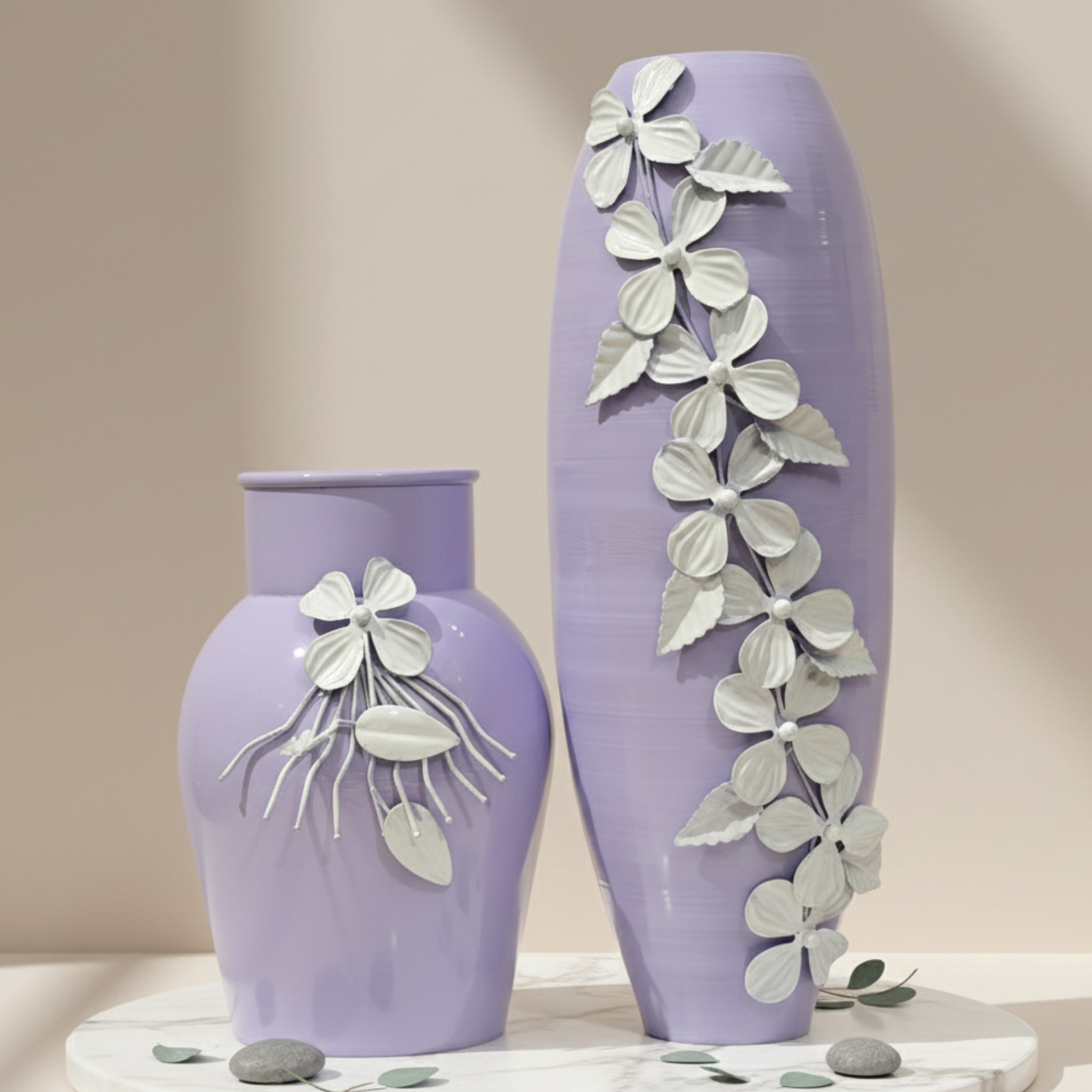 Purple Metal Decorative Vase Set with White Floral Design