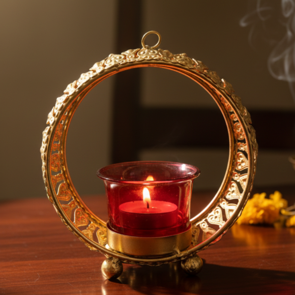 Small Gold Halo Tea Light Candle Holder with Red Glass – Metal Decor