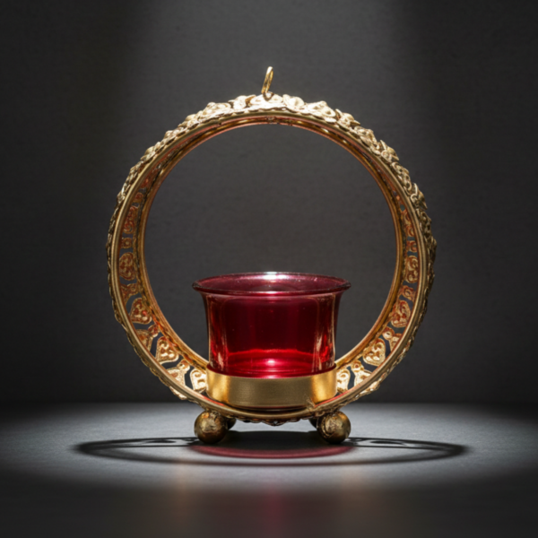 Small Gold Halo Tea Light Candle Holder with Red Glass – Metal Decor