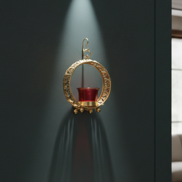 Small Gold Halo Tea Light Candle Holder with Red Glass – Metal Decor