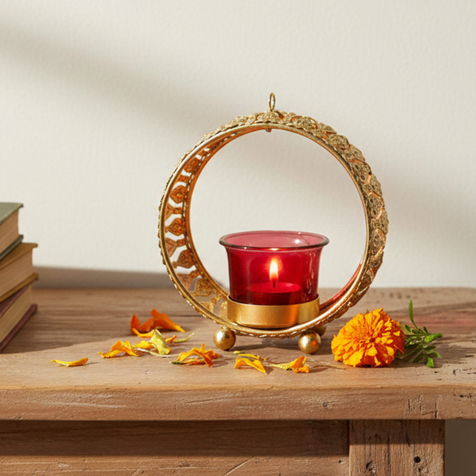Small Gold Halo Tea Light Candle Holder with Red Glass – Metal Decor