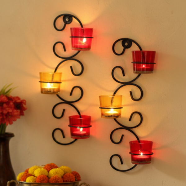 Wall Mounted Metal Tea Light Candle Holder Set with Glass Cups image 2 Wall Mounted Metal Tea Light Candle Holder Set with Glass Cups