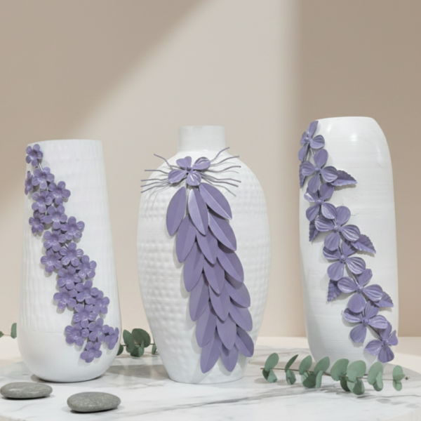 White Metal Vase Set with Purple Floral Design – Modern Decorative Home Décor image 1 White Metal Decorative Vase Set of 3 with Purple Floral Design – Modern Home Décor Accent