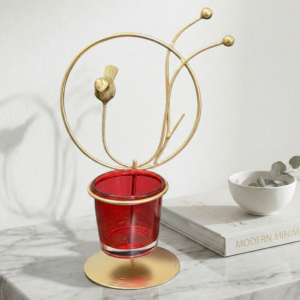 Modern Gold Metal Tea Light Holder with Red Glass – Decorative Tabletop image 1 Modern Gold Tea Light Candle Holder with Red Glass