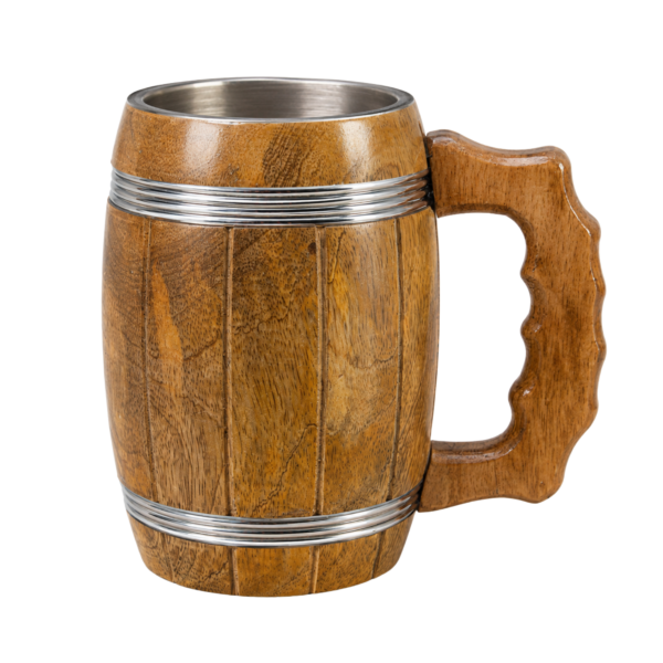 Barrell Tankard Transparent background Handcrafted Wooden Beer Mug with Stainless Steel Liner & Natural Wood Coaster | 19 oz Viking Tankard