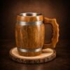 design 2 with coaster Handcrafted Wooden Beer Mug with Stainless Steel Liner & Natural Wood Coaster | 19 oz Viking Tankard