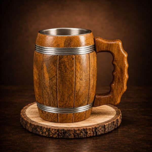 design 2 with coaster Handcrafted Wooden Beer Mug with Stainless Steel Liner & Natural Wood Coaster | 19 oz Viking Tankard