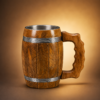 Barrel Tankard image 1 Handcrafted Wooden Beer Mug with Stainless Steel Liner & Natural Wood Coaster | 19 oz Viking Tankard