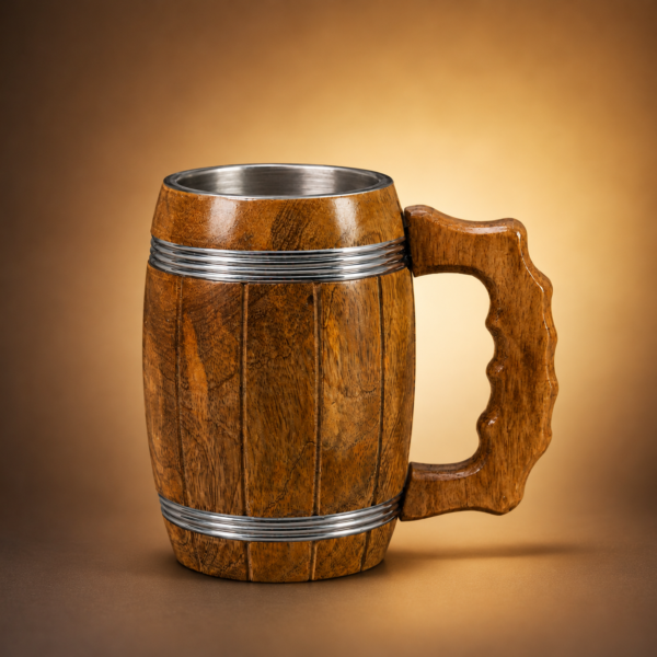 Barrel Tankard image 1 Handcrafted Wooden Beer Mug with Stainless Steel Liner & Natural Wood Coaster | 19 oz Viking Tankard
