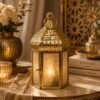Moroccan Gold Decorative Lantern | Vintage Metal Candle Lantern with Embossed Glass | Tabletop & Hanging Lantern