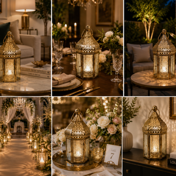 Moroccan Gold Decorative Lantern | Vintage Metal Candle Lantern with Embossed Glass | Tabletop & Hanging Lantern