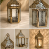 Moroccan Gold Decorative Lantern | Vintage Metal Candle Lantern with Embossed Glass | Tabletop & Hanging Lantern