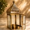 Moroccan Gold Decorative Lantern | Vintage Metal Candle Lantern with Embossed Glass | Tabletop & Hanging Lantern