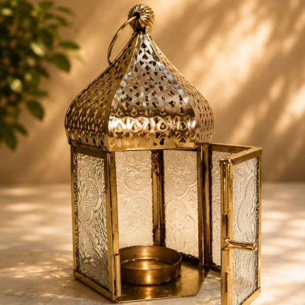 Moroccan Gold Decorative Lantern | Vintage Metal Candle Lantern with Embossed Glass | Tabletop & Hanging Lantern